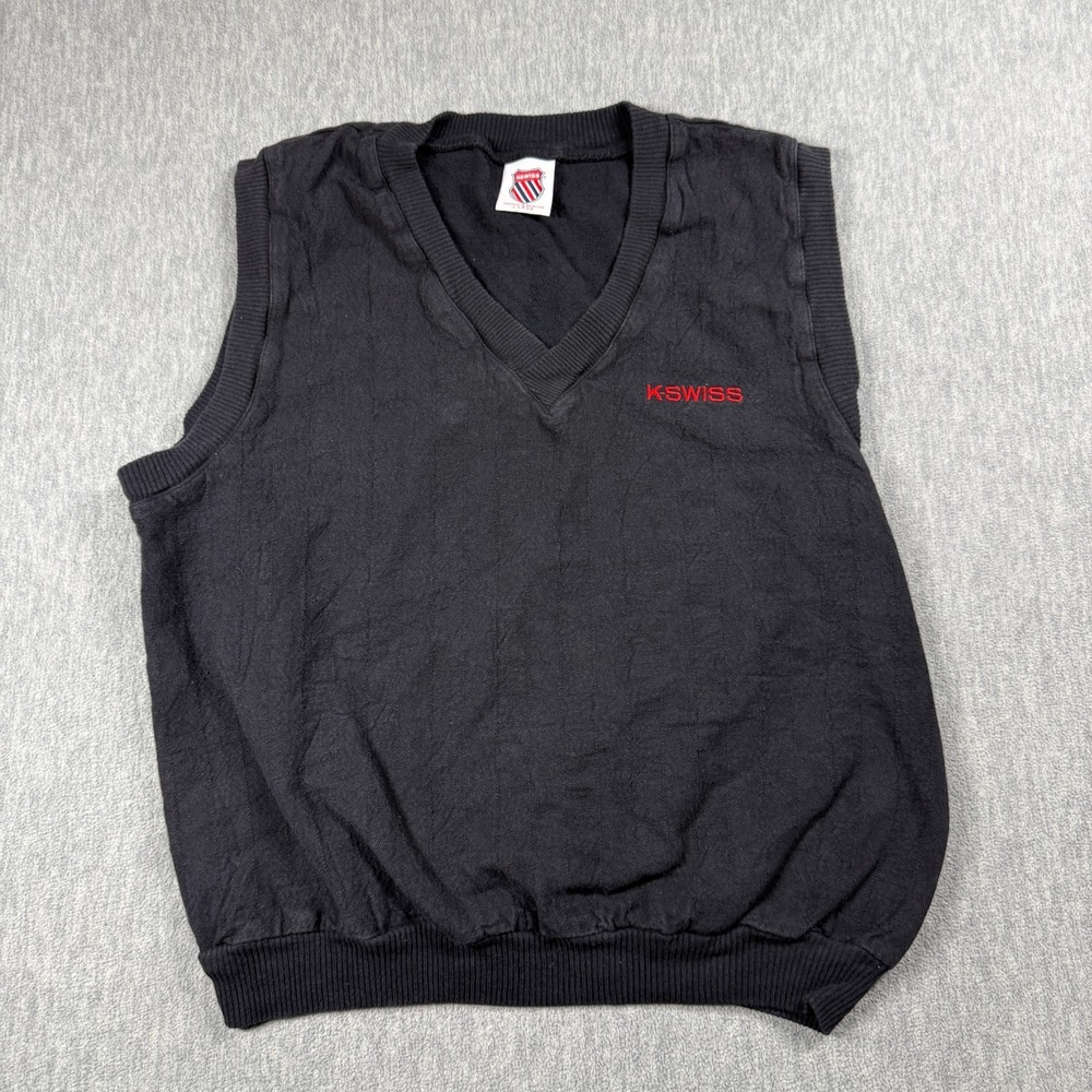 K-Swiss Sweater Vest Mens Large Black V-Neck Knit Embroidered Classic Golf Tenni